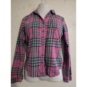 HOLLISTER Flannel Women's L Pink Green Plaid Button Front Long Sleeve Y2K